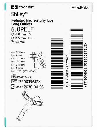 Cânula de Traqueostomia Shiley 6.0PELF Pediátrica Longa Sem Cuff Covidien