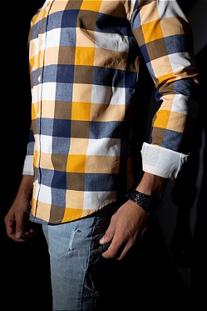 Camisa Manga Longa Slim XADREZ OFF/BEGE/AZUL