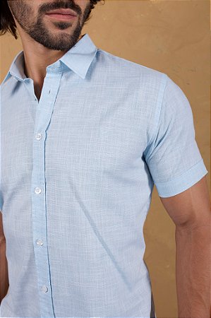 Camisa de Manga Curta SLIM AZUL LOUÇA LINHO FLAMÊ