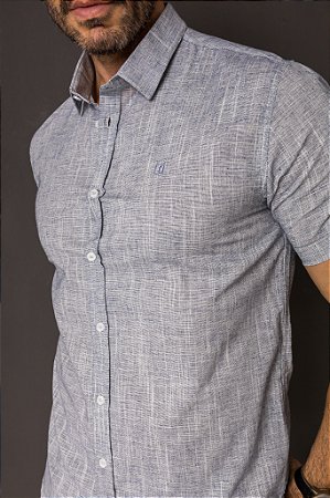 Camisa de Manga Curta SLIM AZUL MARINHO LINHO FLAMÊ TINTO