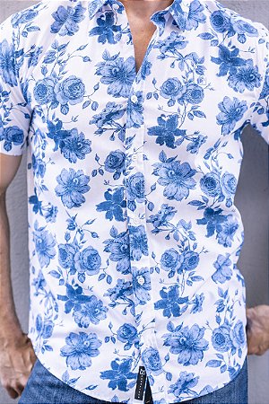 Camisa de Manga Curta Estampada Azul