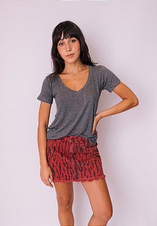 Saia Jeans Estampa Onça Vermelha