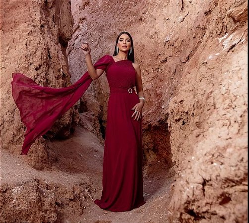 Vestido Longo de Festa Ombro Único com Cinto Luna
