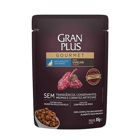 Ração Úmida GranPlus Gourmet Gatos Castrados Ovelha 85g
