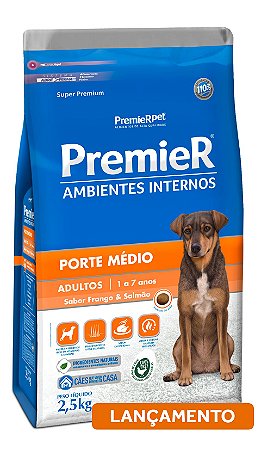 Premier Cães Adultos Ambientes internos Porte Médio sabor Frango & Salmão