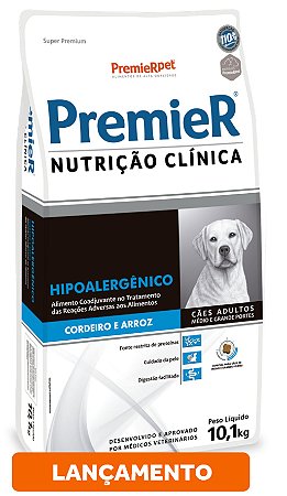 Premier Nutrição Clínica Hipoalergênico Cordeiro e Arroz Cães Médio e Grande Porte 10KG