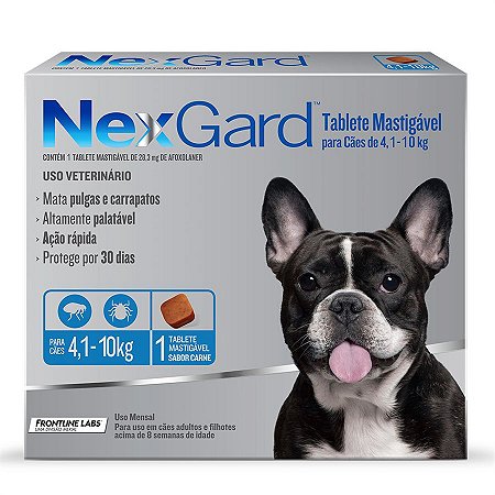 Antipulgas e Carrapatos NexGard 28,3 mg para Cães de 4,1 a 10 Kg - 1 Tablete Avulso