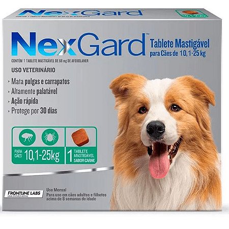 Antipulgas e Carrapatos NexGard 68 mg para Cães de 10,1 a 25 Kg - 1 Tablete Avulso