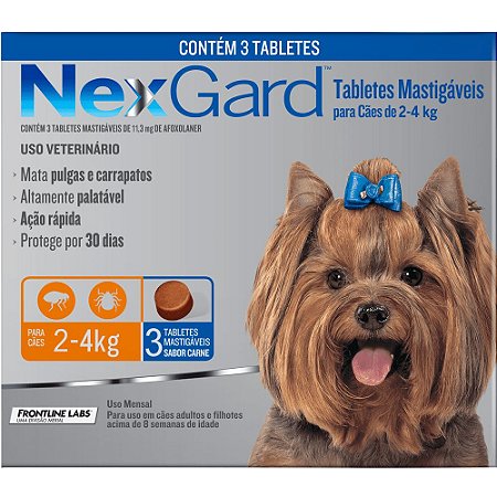 Antipulgas e Carrapatos NexGard 11,3 mg para Cães de 2 a 4 Kg - 3 Tabletes