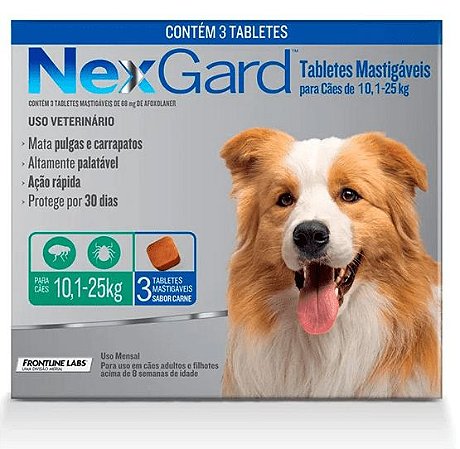 Antipulgas e Carrapatos NexGard 68 mg para Cães de 10,1 a 25 Kg - 3 Tabletes