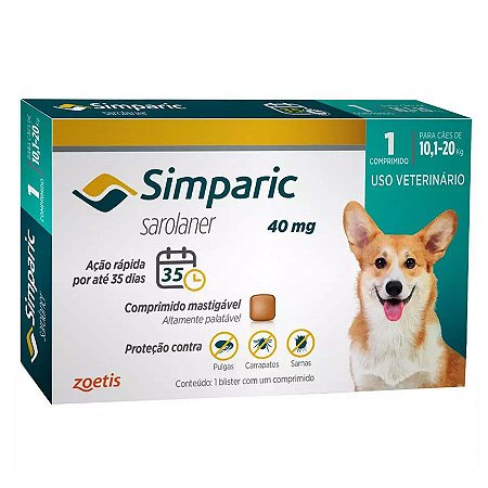 Antipulgas Zoetis Simparic 40 mg para Cães 10,1 a 20 Kg - 1 Comprimido Avulso
