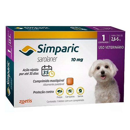 Antipulgas Zoetis Simparic 10 mg para Cães 2,6 a 5 Kg - 1 Comprimido Avulso