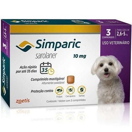 Antipulgas Zoetis Simparic 10 mg para Cães 2,6 a 5 Kg - 3 Comprimido