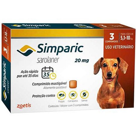 Antipulgas Zoetis Simparic 20 mg para Cães 5,1 a 10 Kg - 3 Comprimido