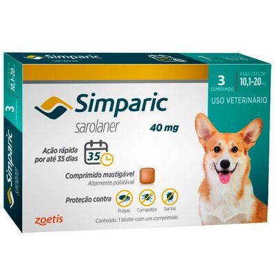 Antipulgas Zoetis Simparic 40 mg para Cães 10,1 a 20 Kg - 3 Comprimido
