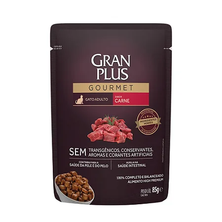 Ração Úmida GranPlus Gourmet Sachê Carne para Gatos Adultos 85G
