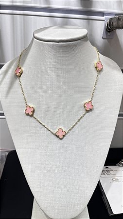 Colar 5 Trevos Rosa Bebê Aço Inoxidável 316L Banhado