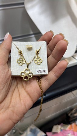 Conjunto Colar e Brinco Trevo Vazado Aço Inoxidável 316L Banhado