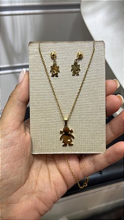 Conjunto Colar e Brinco Menina Aço Inoxidável 316L Banhado
