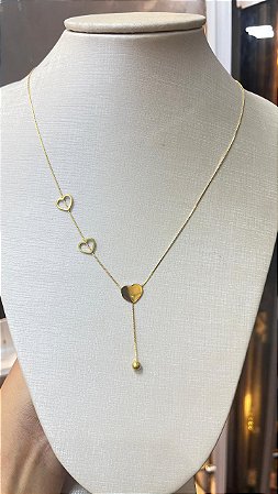 Colar Gravatinha 3 Corações Aço Inoxidável Banhado a Ouro