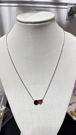 Colar Coração Rosa Pink + Medalha Aço Inoxidável 316L Banhado a Ouro