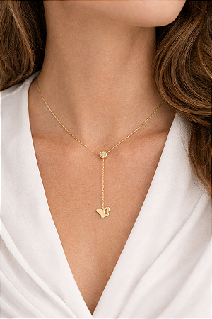 Colar Corrente Fina Borboleta Ponto de Luz em Aço Dourado