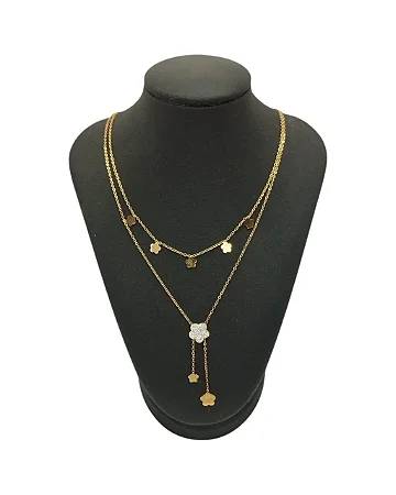 Colar Duplo Trevo em Aço Dourado Feminino