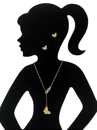 Conjunto Brinco e Colar Infinito e Borboleta em Aço Banhado