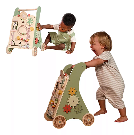 Andador Empurrador Com Atividades Didático Madeira Boho Chic