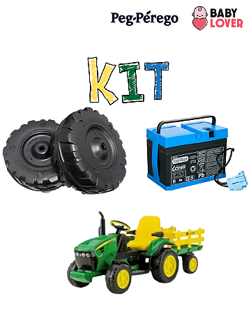 Kit 2 Rodas Traseiras + Bateria para Trator John Deere Infantil