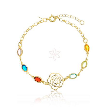 Pulseira de flor com pedras coloridas folheado em ouro 18k