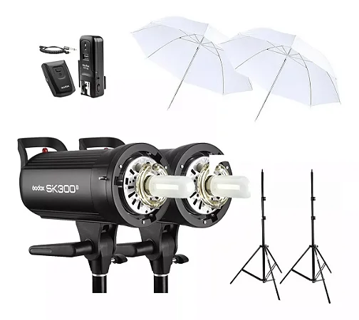Kit Flash Estúdio Godox SK300II 600W com Rádio Universal + Sombrinha Difusora + Tripé 2,40m