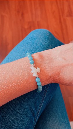Pulseira Jade Água Marinha com Divino Espírito Santo em madrepérola