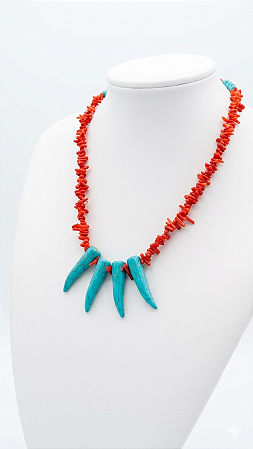 Gargantilha cascalho coral com dentes de Howlita turquesa