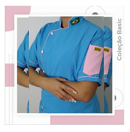 Dólmã azul céu com viés rosa bebê