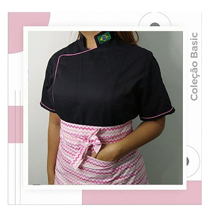 Kit Dólmã preta com viés rosa 100% poliéster + avental kilt chevron