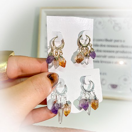 Brinco em Cristal Natural Citrino, Ametista e Quartzo Transparente