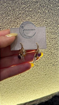 Brinco em Cristal Natural Citrino, Ametista e Quartzo Transparente