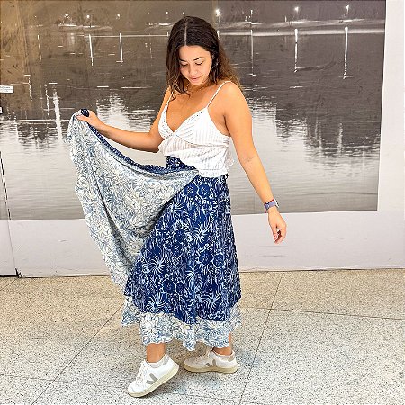 Saia Seda Indiana Dupla Face - Tons de azul