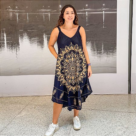 Vestido Trapézio Indiano - Preto com dourado