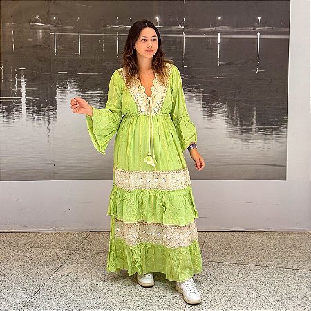 Vestido Boho Chic Indiano Manga Longa - Longo cor Verde
