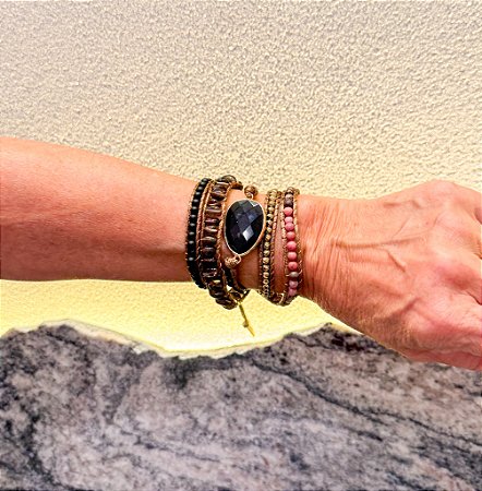 Pulseira de Amarrar Boho com Pedra Natural Onix – 5 voltas