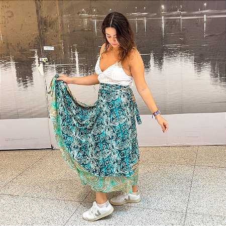 Saia Seda Indiana Dupla Face - Verde Água com azul