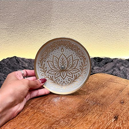 Incensário de vidro Mandala redondo - Branco com Dourado