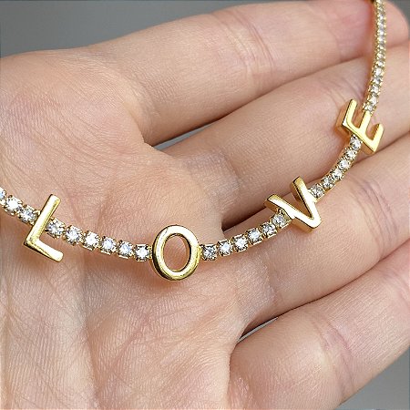 Pulseira ou Tornozeleira Love Cravejada com Zircônias Cristal com Banho de Ouro 18k