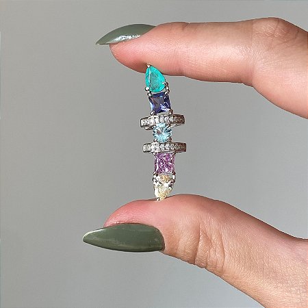Piercing Fake (de Encaixe) Cravejado com Zircônias em Tons Pastel em PRATA 925 com Banho de Ródio Branco (Unitário)
