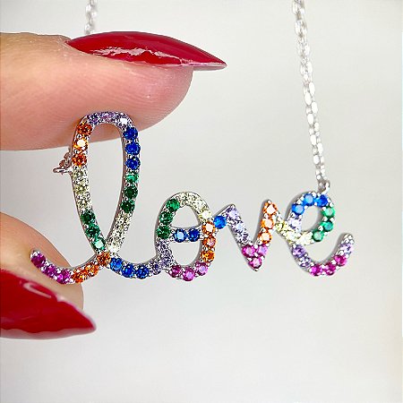 Colar LOVE Cravejado com Zircônias Coloridas em PRATA 925 com Banho de Ródio Branco