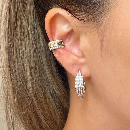 Piercing Fake (de Encaixe) Cravejado com Zircônias Cristal e Rainbow em PRATA 925 com Banho de Ouro 18k ou Ródio Branco (Unitário)