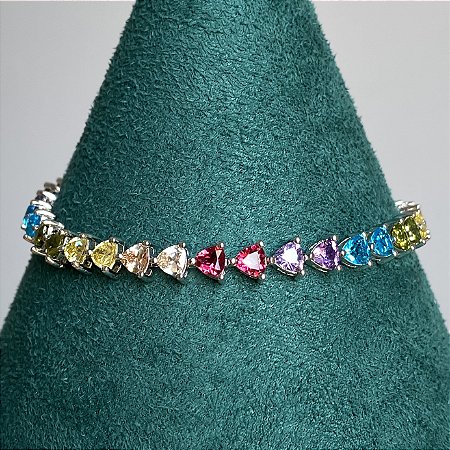 Pulseira riviera cravejada com zircônias coloridas (rainbow) 19cm de comprimento com banho de ródio branco