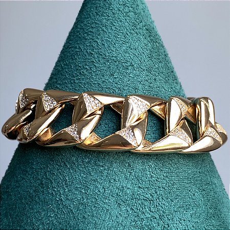 Pulseira de elos quadrados lisos e cravejados com zircônias na cor cristal 18cm de comprimento com banho de ouro 18k